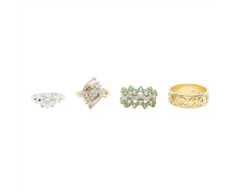 A collection of gem set rings to include a 9ct emerald and diamond set cluster ring; a 9ct gold diamond set cluster ring; a p