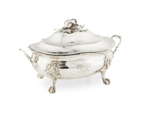 A George III soup tureen and cover Francis Butty and Nicholas Dumee, London 1770, of oval form and raised on bold scrolling l