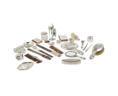 A collection of various dressing table accoutrements various makers and marks, including brushes, combs, dressing table jars,