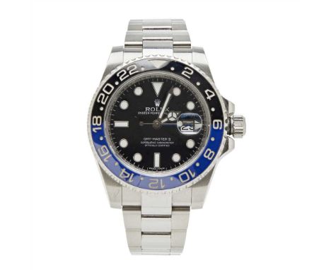 A gentleman's stainless steel wrist watch, Rolex GMT Master II, black and blue "Batman" rotating bezel, black dial, sweep sec