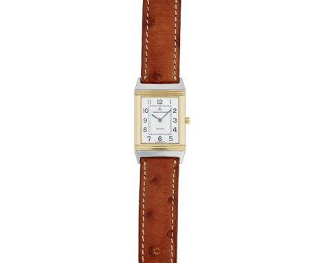 A gold and stainless steel cased wrist watch, Jaeger LeCoultre Reverso, silvered and cream rectangular dial, plain ribbed swi
