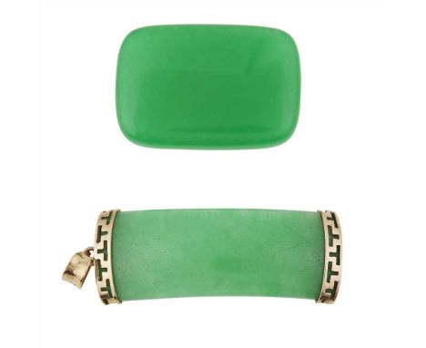 A jade pendant the rectangular curved jade in plain mounts, bale stamped 9k 375; together with a rectangular dyed crackled qu