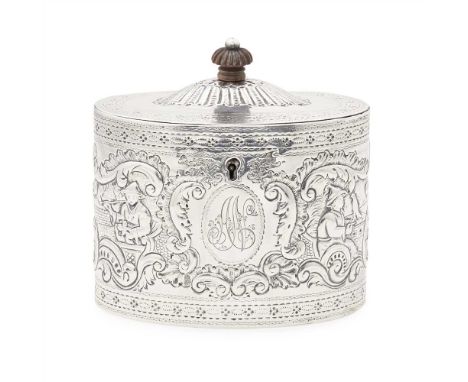 A George III embossed tea caddy maker's mark indistinct, London 1782, of oval form, bright cut engraving borders, oval cartou
