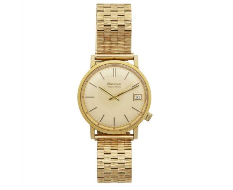 A gentleman's 9ct gold wristwatch, Bulova Accutron, champagne dial, baton indicators, sweep second hand, date aperture, off s