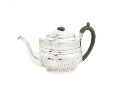 A George III teapot WH, London 1804, of oval form, border to girdle and fluting to lower body, C scroll handle, domed hinged 