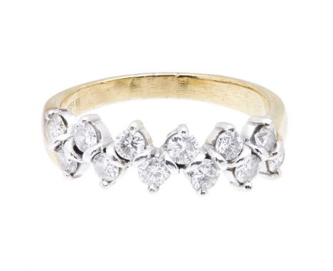 A diamond set half-eternity ring claw set with two rows of round brilliant cut diamonds, to a plain 18ct gold shank (Dimensio