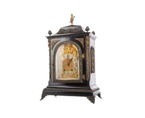 LATE 19TH CENTURY FRENCH EBONISED MANTEL CLOCK,with two train eight day movement striking on a coil, the silvered dial set wi