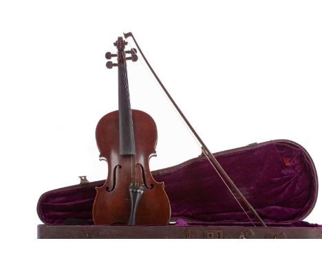 TWO CASED VIOLINS WITH BOWS,the first bearing label for Louis Fricot of Poussay dated 1955, the two-piece back 35.5cm long, t