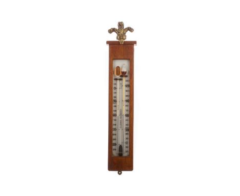 EDWARDIAN 'MINIMUM / MAXIMUM' THERMOMETER,by E. Lennie of Edinburgh, with painted glass dial and brass Prince of Wales feathe