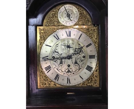 19TH CENTURY EIGHT DAY MAHOGANY LONGCASE CLOCK,the hood with dentil moulded cornice, blind fret scrolls and turned columns fl