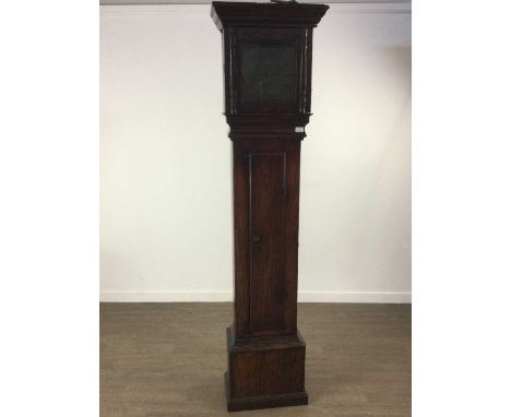 18TH CENTURY OAK LONGCASE CLOCK,the brass dial inscribed Jon. Rogers Leominster, with simple trunk on plinth base, 200cm high