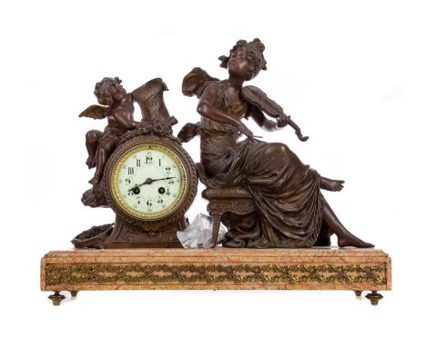 FRENCH SPELTER 'MELODIE' MANTEL CLOCK AFTER MOREAU,late 19th century, the circular enamelled dial set with Arabic numerals wi