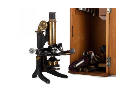 MICROSCOPE BY W. WATSON &amp; SONS,in wooden case, presented with accessories including R. Winkel lenses in small case
