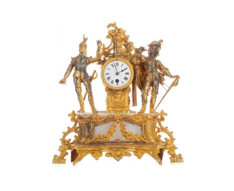 LATE 19TH CENTURY FRENCH GILT SPELTER AND ALABASTER MANTEL CLOCK,with surmount of two chevaliers, the circular enamelled dial