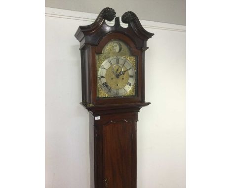 LATE 18TH/EARLY 19TH CENTURY EIGHT-DAY MAHOGANY LONGCASE CLOCK,with broken swan neck pediment, the dial with rolling moon pha