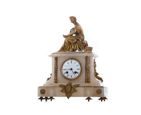 LATE 19TH CENTURY FRENCH GILT SPELTER AND ALABASTER MANTEL CLOCK,with female figural surmount, the circular enamelled dial se