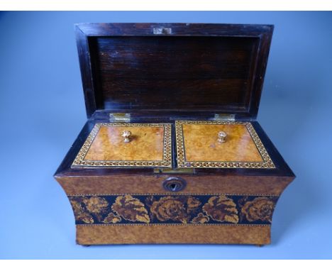 WAISTED FORM TUNBRIDGE WARE TEA CADDY, satinwood and burr walnut with Rosewood interior, twin-lidded tea compartments, raised