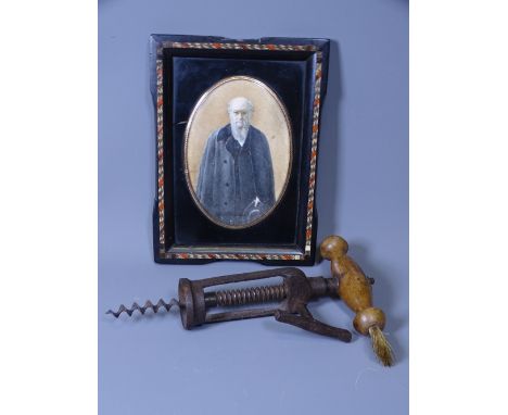 VICTORIAN PORTRAIT MINIATURE titled 'C R Darwin', oval image depicting a bearded gentleman in overcoat with hat, signed to th