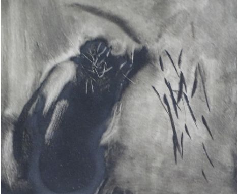 HARRY HOLLAND mono type print 1987 - entitled 'Stroke', signed and with original Martin Tinney Gallery label verso,15 x 15cms