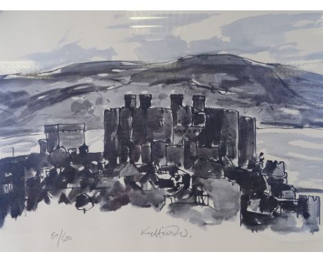 SIR KYFFIN WILLIAMS RA colourwash limited edition (59/500) print - Conwy Castle and Town roof tops, signed in full, 48 x 65cm