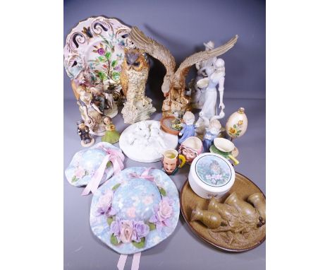 CAPODIMONTE STYLE and other European porcelain figurines, Beswick character jugs, composition bird ornaments ETC