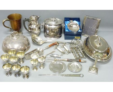 PLATED LIDDED BISCUIT BOX, large ladle, entree dish and other items of EPNS ware