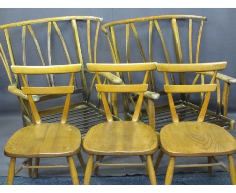 ERCOL ORIGINALS LIGHT ELM DINING CHAIRS (3) and a pair of vintage wing back easy chairs