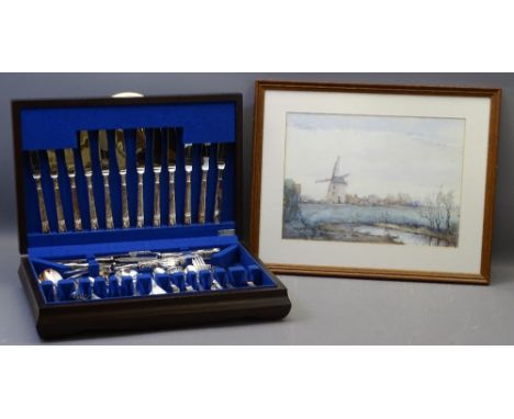 H HUGHES-WILLIAMS print - Melin Llynon (Anglesey Wind Mill), 36 x 35cms and a part canteen of Angora plated cutlery