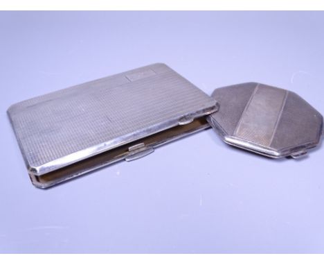 ENGINE TURNED CIGARETTE CASE &amp; A LADY'S COMPACT, Birmingham 1946, maker E O Bateson and Birmingham 1940, maker Goldsmith'