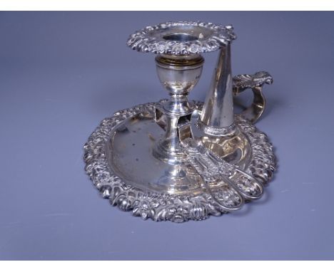 GEORGE IV CHAMBER STICK with cone and scissor action candle snuffers, London 1827, makers Rebecca Emes and Edward Barnard, th