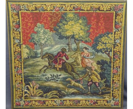 VINTAGE STYLE WOOLWORK TAPESTRY of a classical style hunting scene, 118.5 x 126cms, mounted on a frame