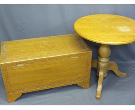 CAMPHORWOOD CHEST, light wood with carved detail, 51cms H, 92cms W, 46cms D and a light wood circular tripod table, 72cms dia