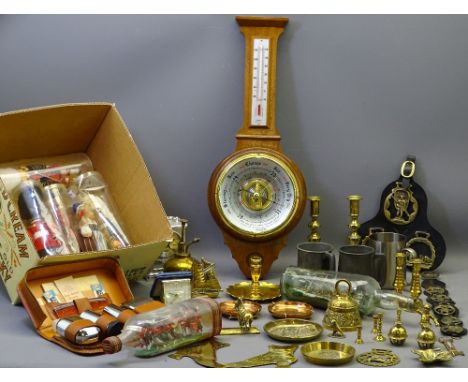 ANTIQUE &amp; LATER POLISHED BRASS &amp; METALWARE, modern wall barometer, collectable dolls and a ship in a bottle ETC