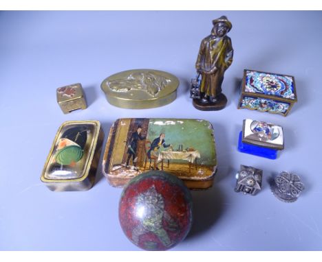 ANTIQUE &amp; LATER METALWARE BOXES FOR SNUFF/PILLS with a small bronze figure of a Night Watchman, 11cms H, unsigned, includ