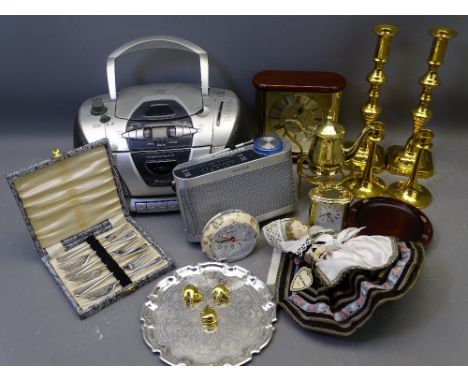 VICTORIAN STYLE BRASSWARE, MODERN ROBERTS RADIO, portable cd player, portable mantel clocks ETC