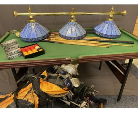 6FT SNOOKER TABLE &amp; ACCESSORIES, triple overhanging light along with three bagged sets of golf clubs and balls ETC, the s