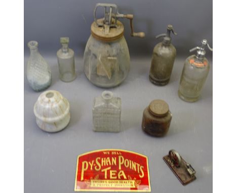 VINTAGE BOTTLES &amp; ADVERTISING GOODS including a glass panel 'We Sell Py-Shan Points Tea', glass butter churn, soda syphon