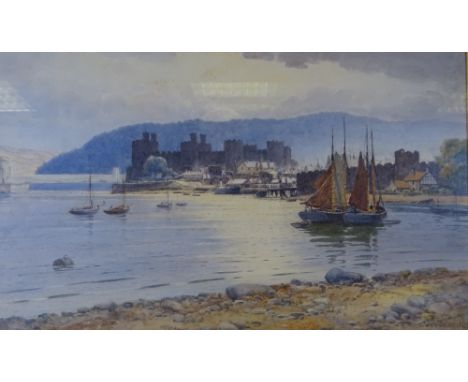 WARREN WILLIAMS ARCA expansive watercolour - Conwy featuring the Castle, Suspension Bridge, Quay and boats ETC, original gilt