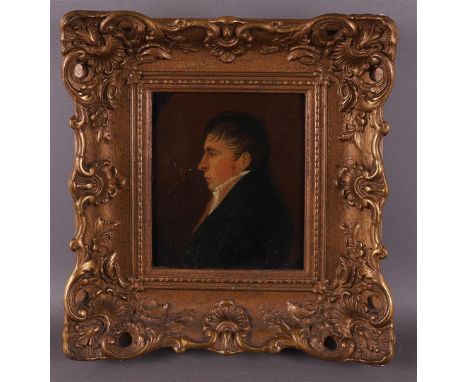 Dutch school, early 19th century "Portrait of a young man", ca. 1820, oil paint/panel, h 18.5 x w 15.5 cm.