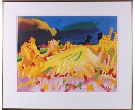 Zee van der, Jan "Grain sheaves on the land", Copper Monday print in frame, January 1999, h 42 x w 56 cm.