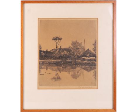 Monogram fog 'View of a farm with haystack', signed in full in pencil and monogram in the plate and '42, etching/paper, h 26.