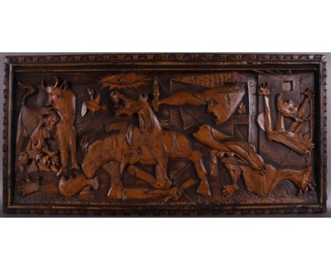 A carved wooden panel 'Guernica', after Pablo Picasso, 2nd half 20th century, h 37 x w 72 cm.