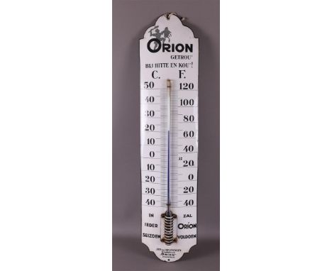A white enamel advertising sign with thermometer; Orion - Faithful in bitter cold', Jan van Heijningen Oil factory 'Orion' Za