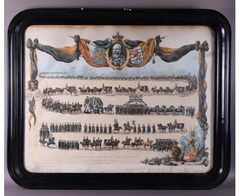 A memorial print ""Solemn funeral of H.M. the King of the Netherlands on the 20th of June 1877" in original frame, h 78 x w 9