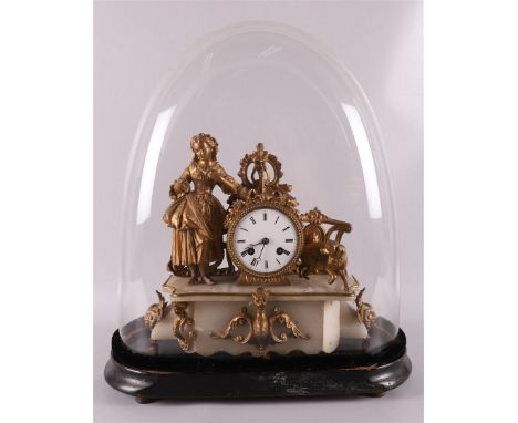 An alabaster clock pendulum, France 19th century. Gold-plated white metal crown of a woman with a dog, white enamel dial with