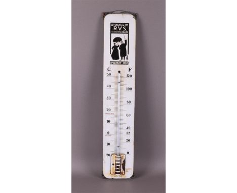 An enamel advertising sign with thermometer 'RVS Verzekeringen', 1972, Langcat Bussum, h 88 x w 16.5 cm.