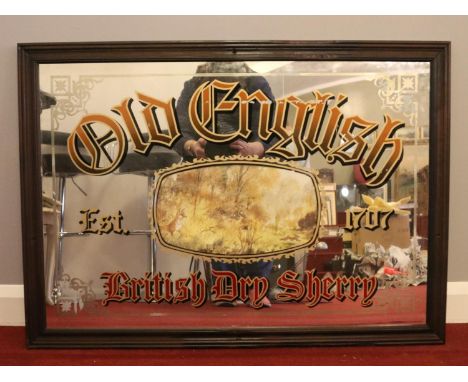 A vintage advertising pub mirror - (Old English, British Dry Sherry). H: 54cm, W: 80cm.  