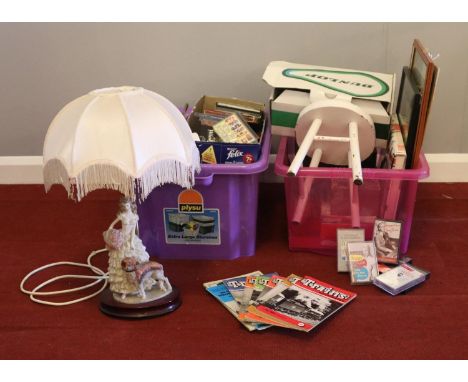 Two boxes of miscellaneous. Ceramic figure table lamp &amp; Shade, Trains Illustrated magazines April 1955 No.4, October No.1