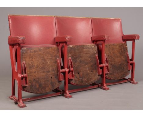 A row of 3 vintage vinyl covered cinema seats. (Width 159cm, Depth 47cm).  