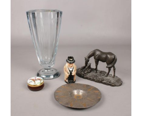 A group of various items. Includes Royal Doulton Winston Churchill, glass vase (signed to base), composite horse and foal fig